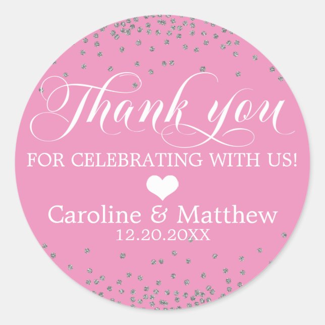 Wedding Pink Sprinkle Sparkle Silver DANKE Runder Aufkleber (Vorderseite)