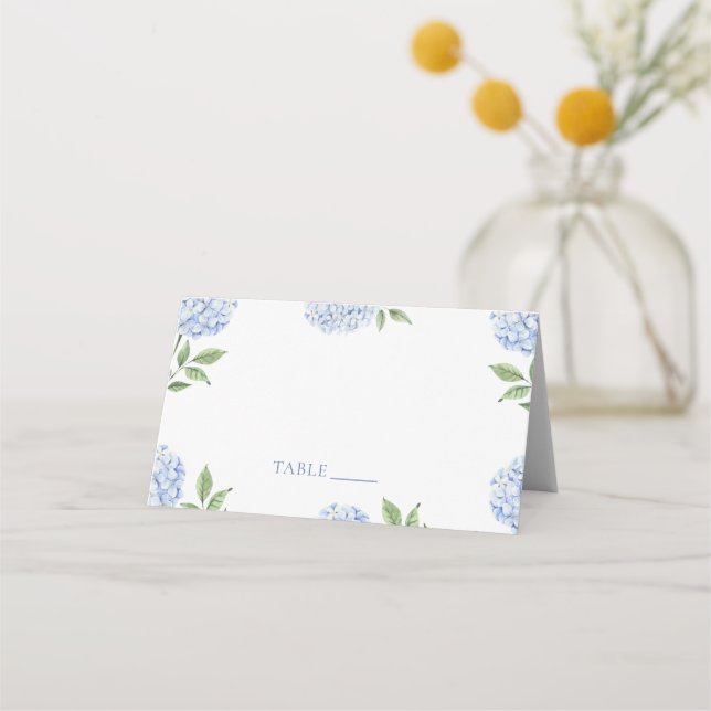 Wedding Place Cards, Blue Hydrangea Border Classic Platzkarte (Vorderseite)