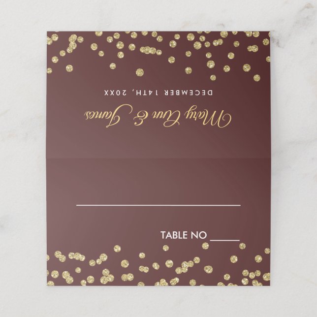 Wedding Placecards Gold Glitzer Confetti Marsala Platzkarte (Außenseite Aufgefaltet)