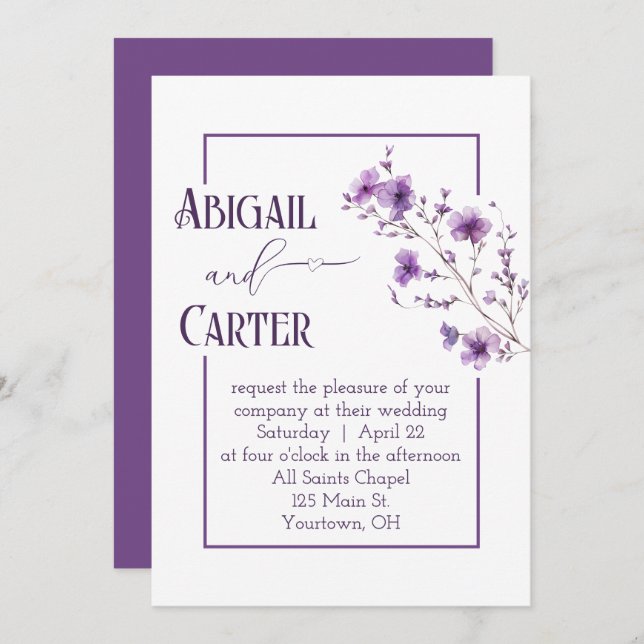 Wedding Purple Floral Frame On White Einladung (Vorne/Hinten)