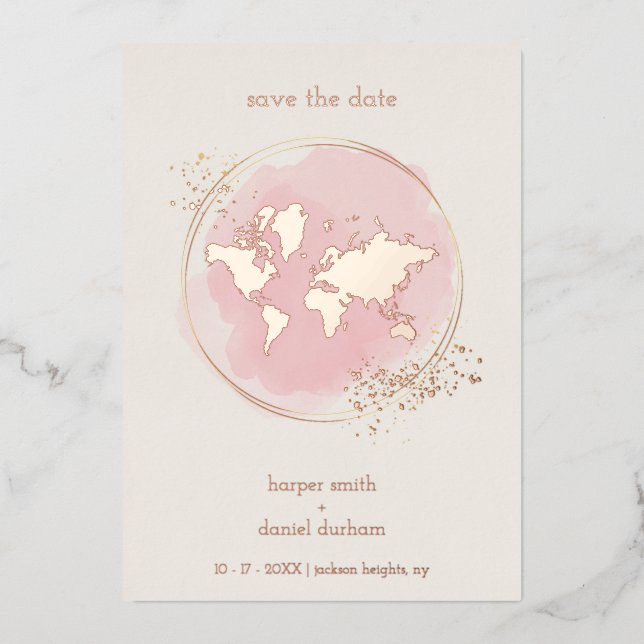 Wedding Real Rose Gold Effect World Map Folieneinladung (Vorderseite)