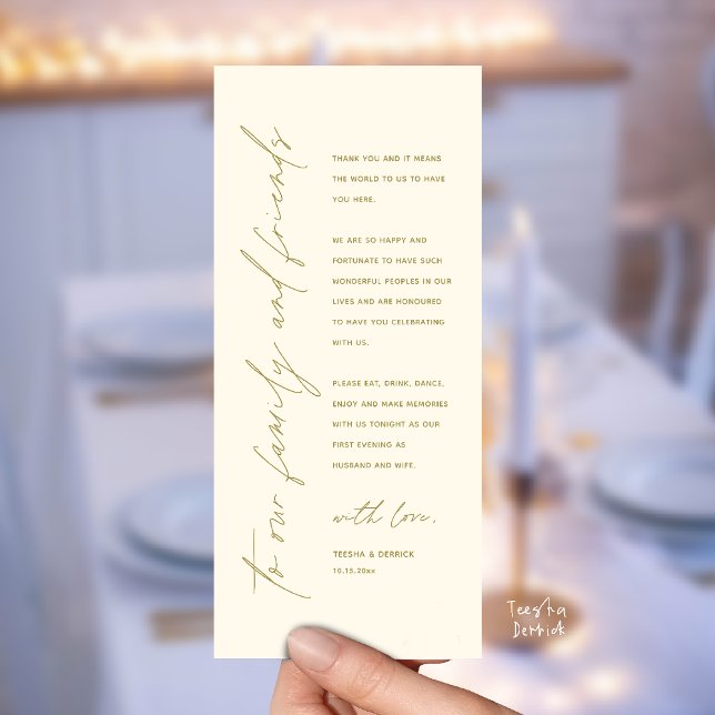 Wedding Reception Dinner Modern Thank You Card Programm (Welcome and thanks, Modern Wedding Reception Dinner Thank You card, family friends in yellow gold)