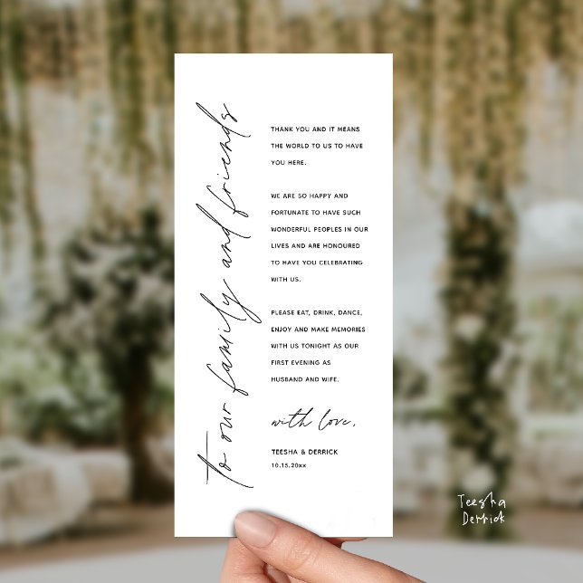 Wedding Reception Dinner Modern Thank You Card Programm (Welcome and thanks, Modern Wedding Reception Dinner Thank You card, family friends in Black White)