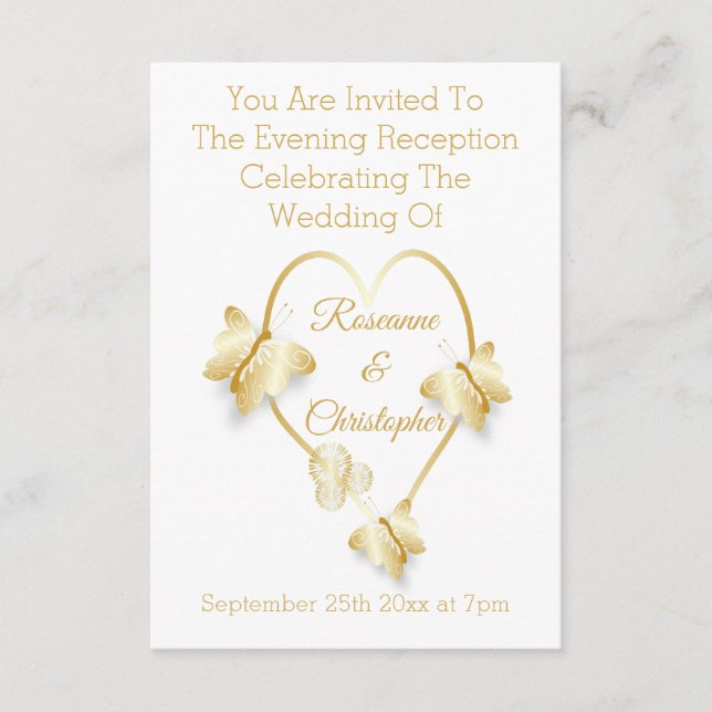 Wedding Reception Gold Coloured Heart Butterfly Begleitkarte (Vorderseite)