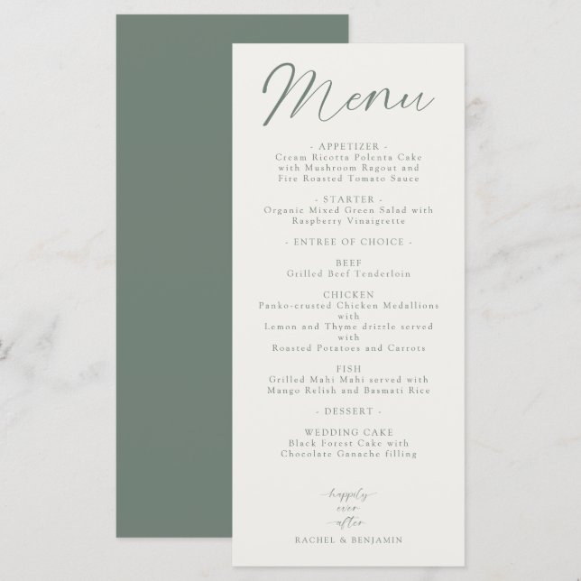Wedding Reception Menu Elegant Script Sage Green Menükarte (Vorne/Hinten)