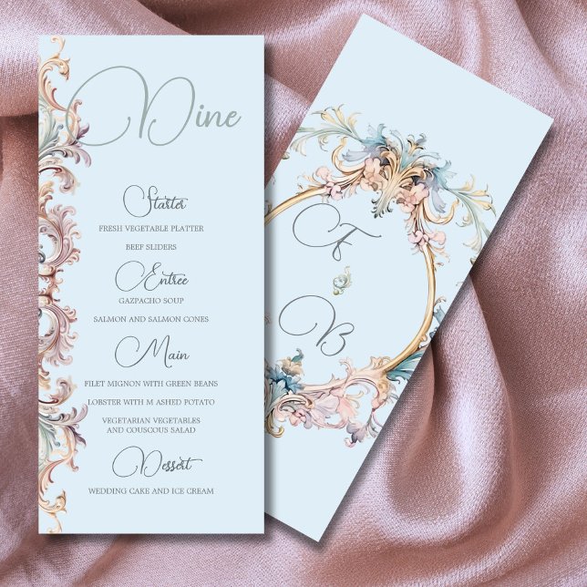 Wedding Regency Era Blue Monogram Monogram Menu Menükarte (Von Creator hochgeladen)