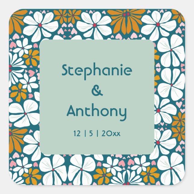 Wedding Retro Blume Groovy 70er Boho Quadratischer Aufkleber (Vorderseite)