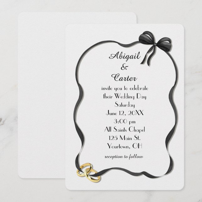 Wedding Rings and Bow Frame On White Einladung (Vorne/Hinten)