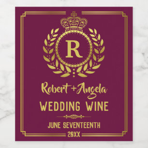 Wedding Royal Crown Laurel Wreath Gold Burgundy Weinetikett