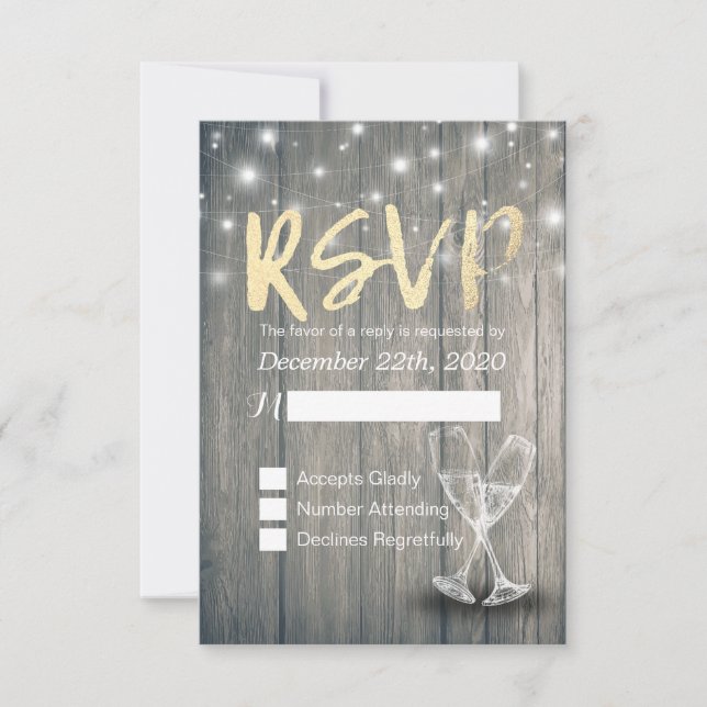 Wedding RSVP Champagne Brillen Wood String Lights (Vorderseite)
