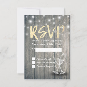 Wedding RSVP Champagne Brillen Wood String Lights Karte