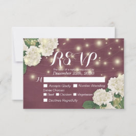 Wedding RSVP Hydrangea String Lights Burgundy Red Karte