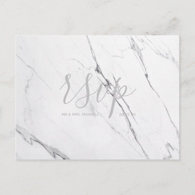 Wedding Rsvp Karte Weiß Silver Gray Marmorskript (Vorderseite)