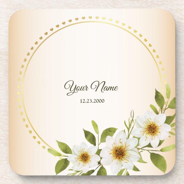 Wedding Rustic Golden Geometric White Floral Peach Getränkeuntersetzer (Vorderseite)