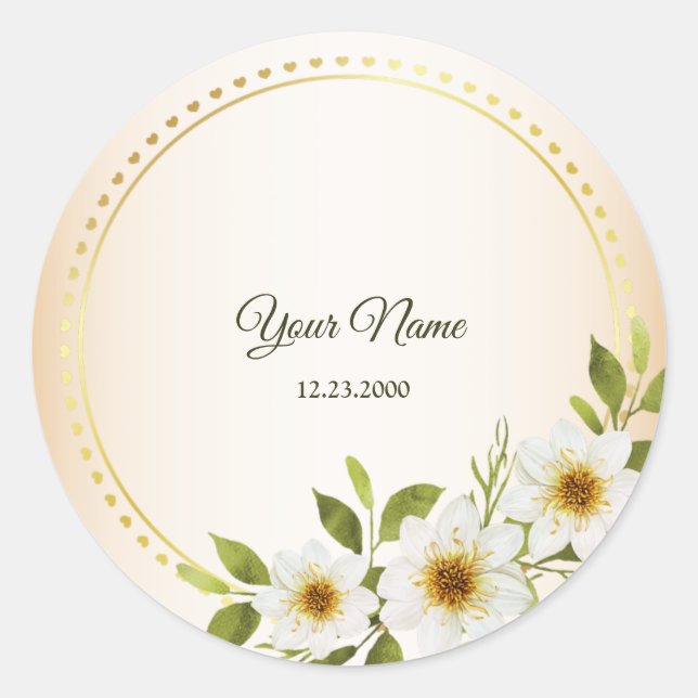 Wedding Rustic Golden Geometric White Floral Peach Runder Aufkleber (Vorderseite)