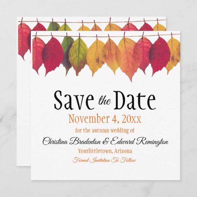 Wedding Save the Date Autumn Leaves on String Ankündigung (Vorne/Hinten)