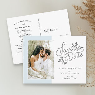 Wedding Save the Date Photo Script Botanical Blue Postkarte