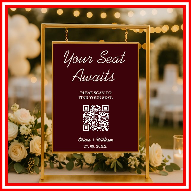 Wedding Seating Chart QR Burgundy & Ivory Rustic Poster (Von Creator hochgeladen)