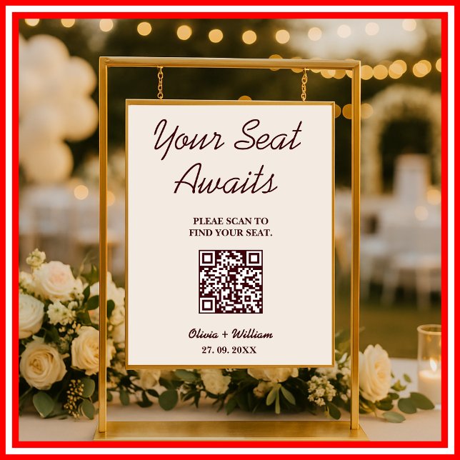 Wedding Seating Chart QR Burgundy & Ivory Rustic Poster (Von Creator hochgeladen)