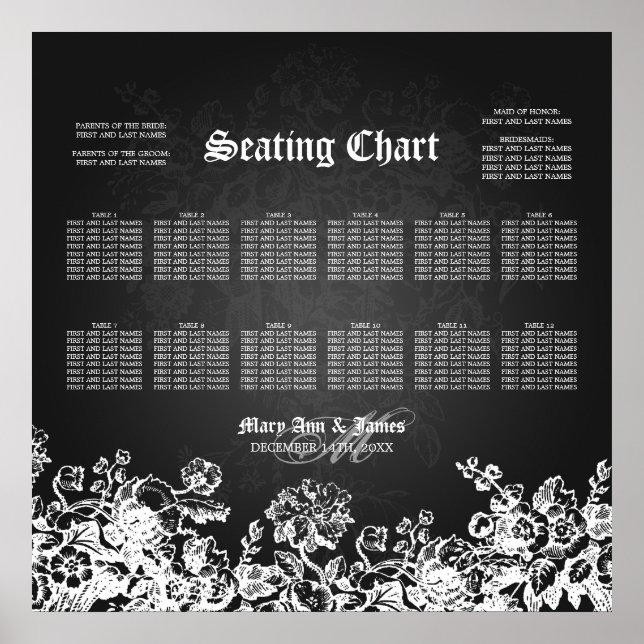Wedding Seating Chart Victorian Flourish Black Poster (Vorne)