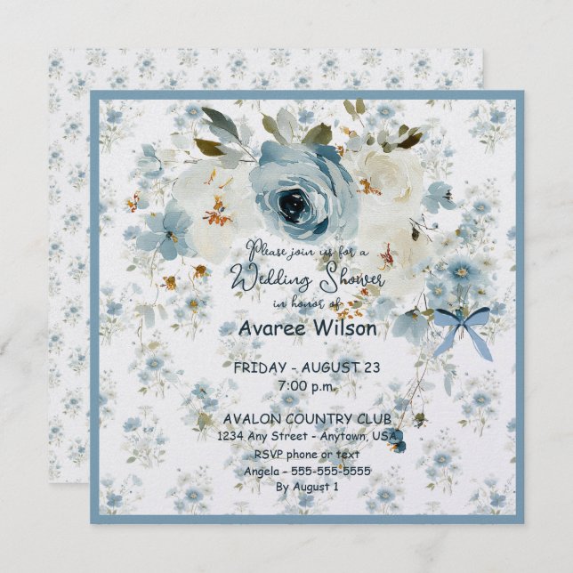 Wedding Shower in Blue Floral Karte (Vorne/Hinten)