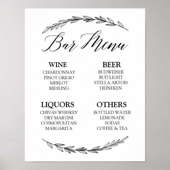Wedding Sign - Bar Menu Laurel Wedding Sign Poster (Vorne)