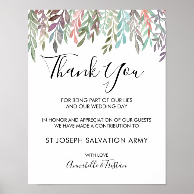 Wedding Sign – Donation Watercolor Greenery Sign Poster (Vorne)
