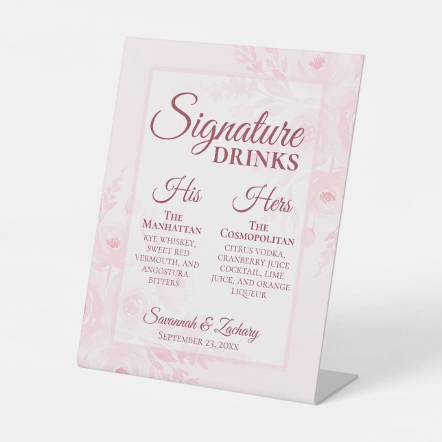 Wedding Signature Drinks Blush Pink Boho Peonies Sockelschild (Vorderseite)