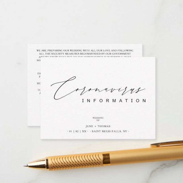 Wedding Simple Minimalist Coronavirus Information Begleitkarte (Vorderseite/Rückseite Beispiel)