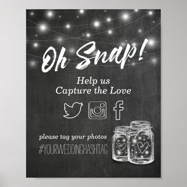 Wedding Snap Hashtag Mason Jar Lights Chalkboard Poster (Vorne)