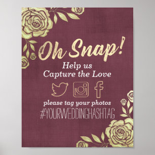 Wedding Snap Hashtag Moderne Gold Rose Burgundy Re Poster