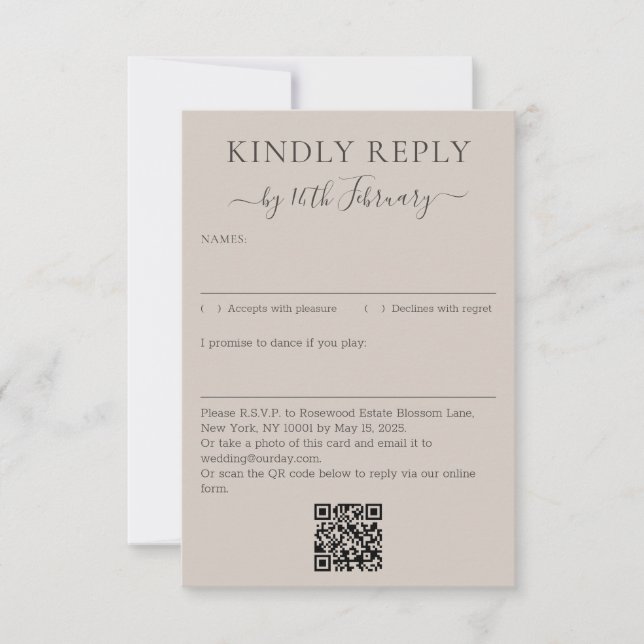 Wedding Soft Beige Signature QR Code Kindly Reply RSVP Karte (Vorderseite)