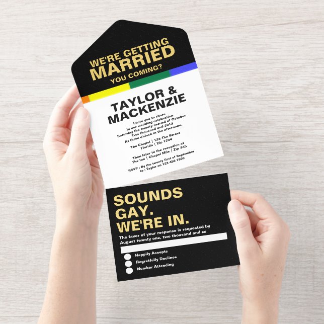 Wedding Sounds Gay Fun Rainbow Pride All-in-One-Einladung (Abreißstreifen)