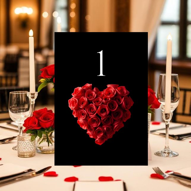 Wedding Table Number-Heart Shaped Red Roses- Tischnummer (Red Roses in the Shape of a Heart Wedding Collection- Black and White)