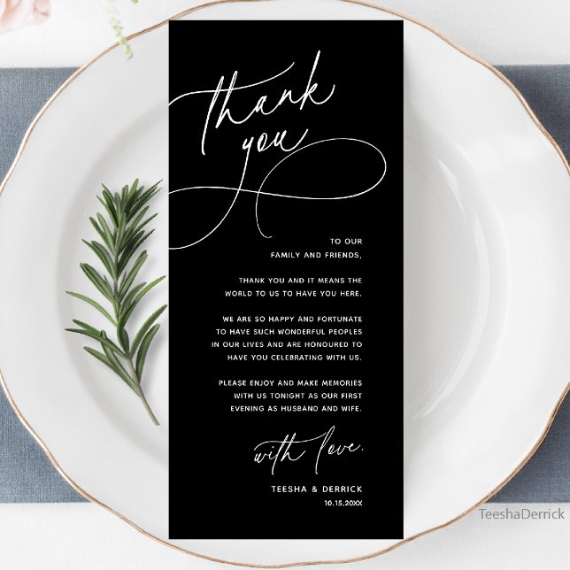 Wedding Table Thank You Elegant Reception Card Programm (Wedding Table Thank You Elegant Reception Dinner Card in black and white)