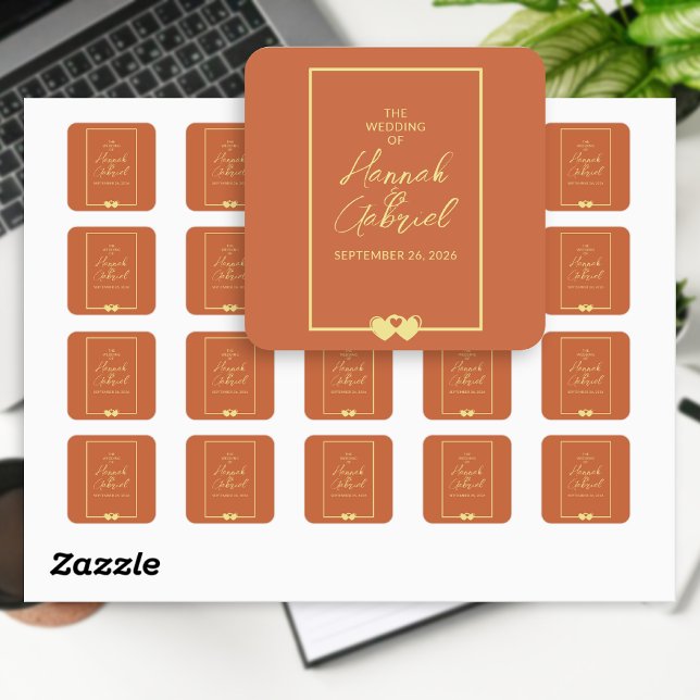 Wedding Terracotta Gold Quadratischer Aufkleber (Terracotta and Gold wedding stickers)