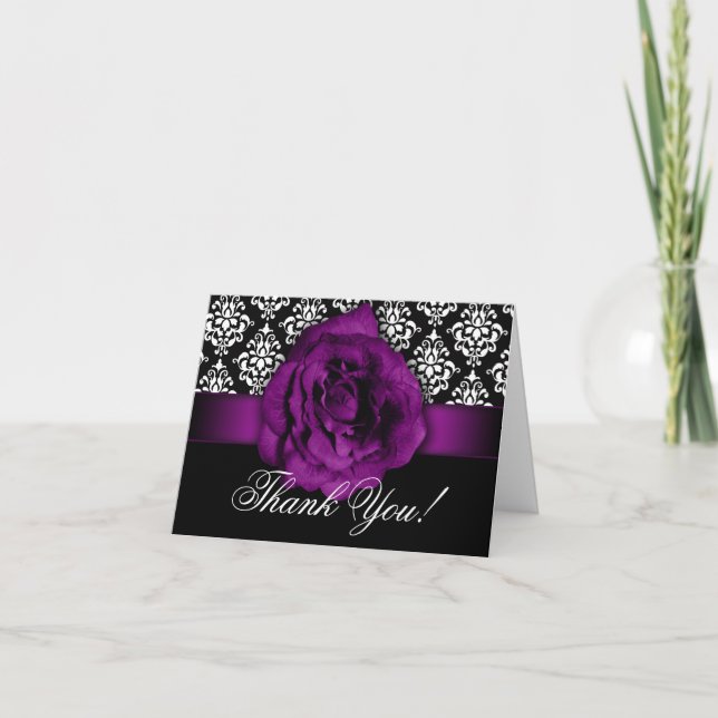 Wedding Thank You Cards Purple Rose Damask Dankeskarte (Vorderseite)