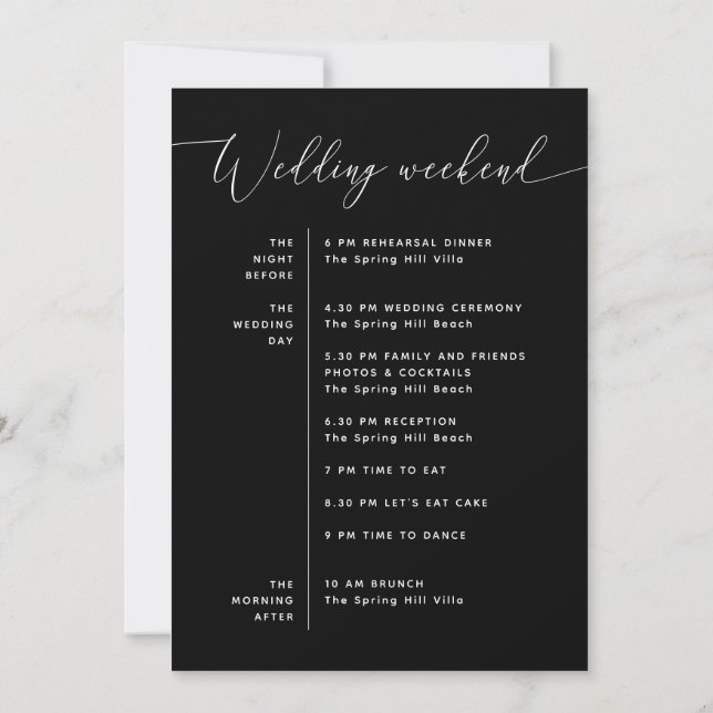 Wedding Timeline | Minimal Black Weekend Schedule Einladung (Rückseite)
