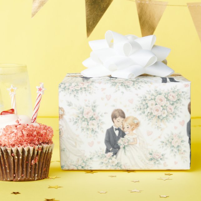 Wedding Watercolor Blonde Bride Groom Florals Geschenkpapier (Geburtstagsparty)