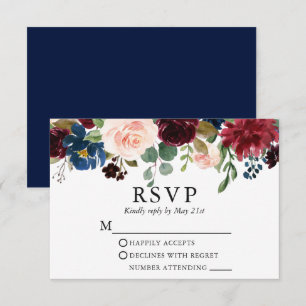 Wedding Watercolor Blue Burgundy Pink Floral RSVP Karte