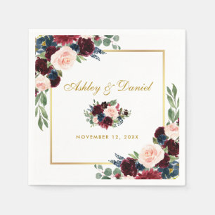 Wedding Watercolor Burgundy Blue Floral Gold Weiß Serviette