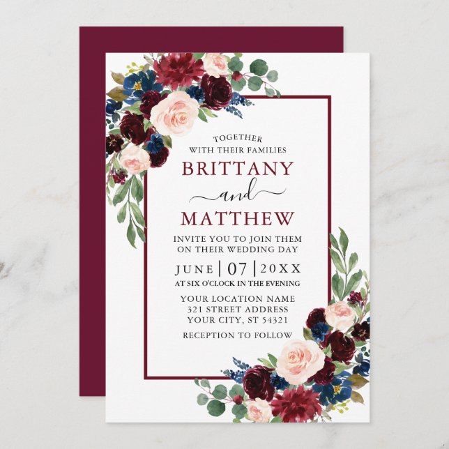 Wedding Watercolor Burgundy Blue Mixed Floral Einladung (Vorne/Hinten)