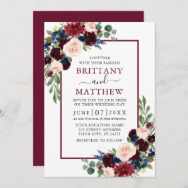 Wedding Watercolor Burgundy Blue Mixed Floral Einladung