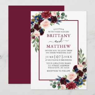 Wedding Watercolor Burgundy Blue Mixed Floral Einladung