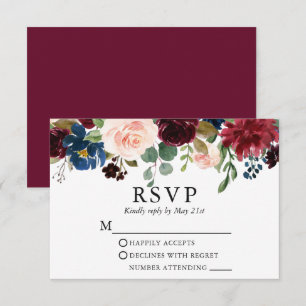 Wedding Watercolor Burgundy Blue Pink Floral UAWG  RSVP Karte