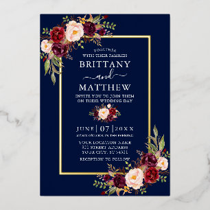 Wedding Watercolor Burgundy Floral Blue Gold Folieneinladung