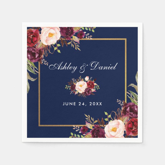 Wedding Watercolor Burgundy Floral Blue Serviette (Vorderseite)