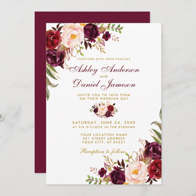 Wedding Watercolor Burgundy Floral Gold B Einladung (Vorne/Hinten)