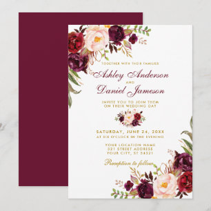 Wedding Watercolor Burgundy Floral Gold B Einladung