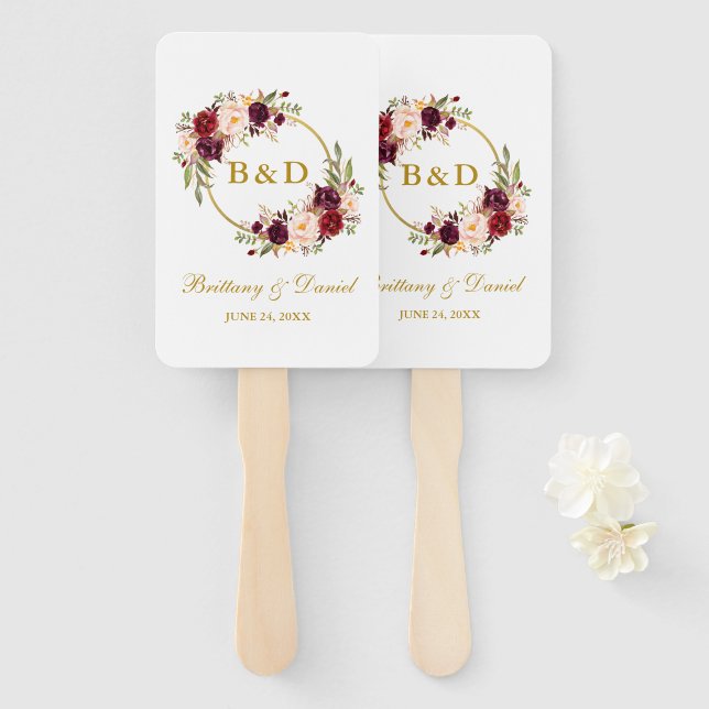 Wedding Watercolor Burgundy Floral Gold Fächer (Vorne und Hinten)